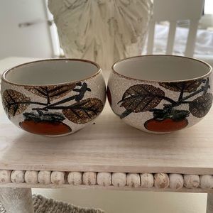 Vintage Japanese Traditional Carved Stoneware 2 Tea Cups
